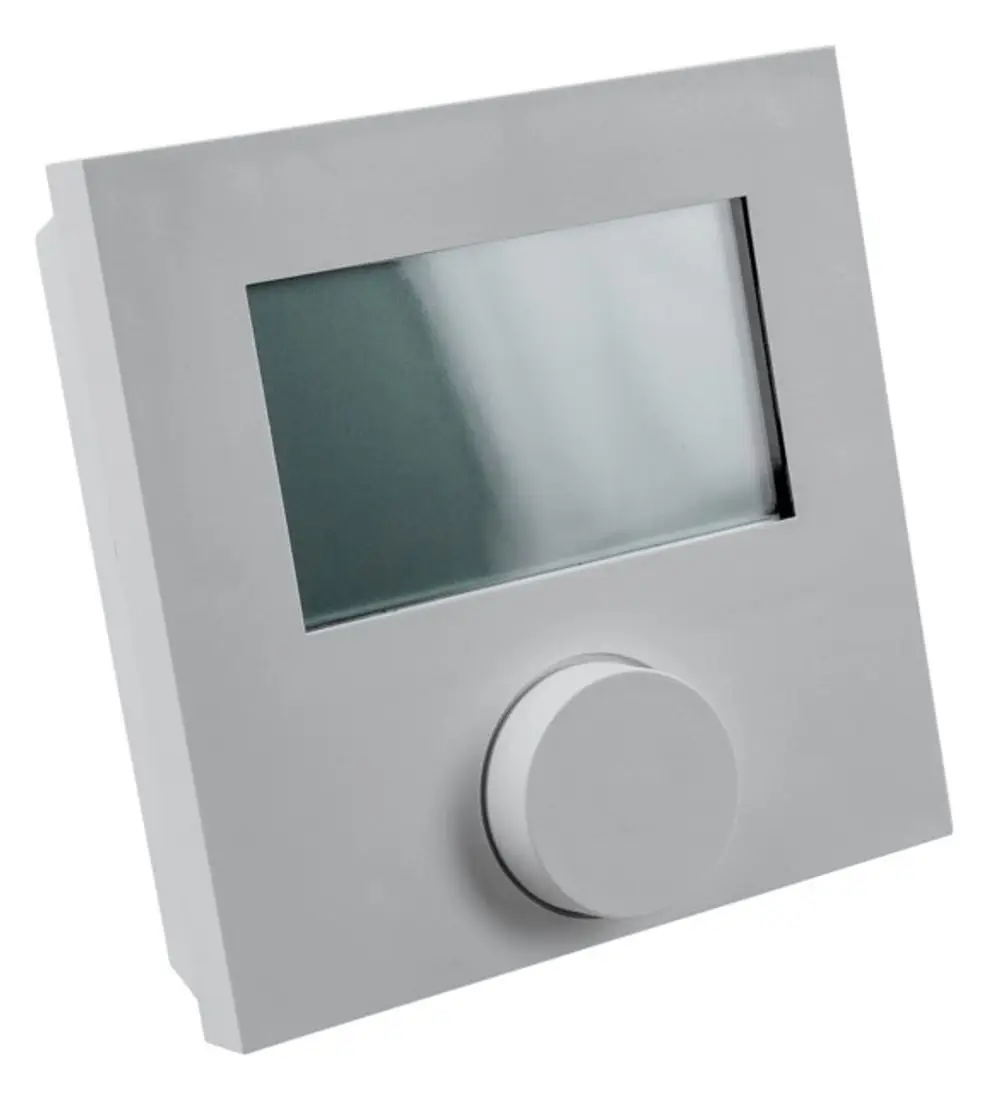 Raumthermostat von Wolf in grauer Farbe, mit einem großen Drehregler vorne und einem Display in der Mitte, montiert auf einer Wand.